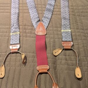 Trafalgar Silk Button Suspenders Leather Ends Lavender Blue Pattern Made in USA